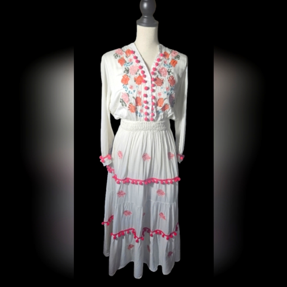 Boho pom pom embroidered dress